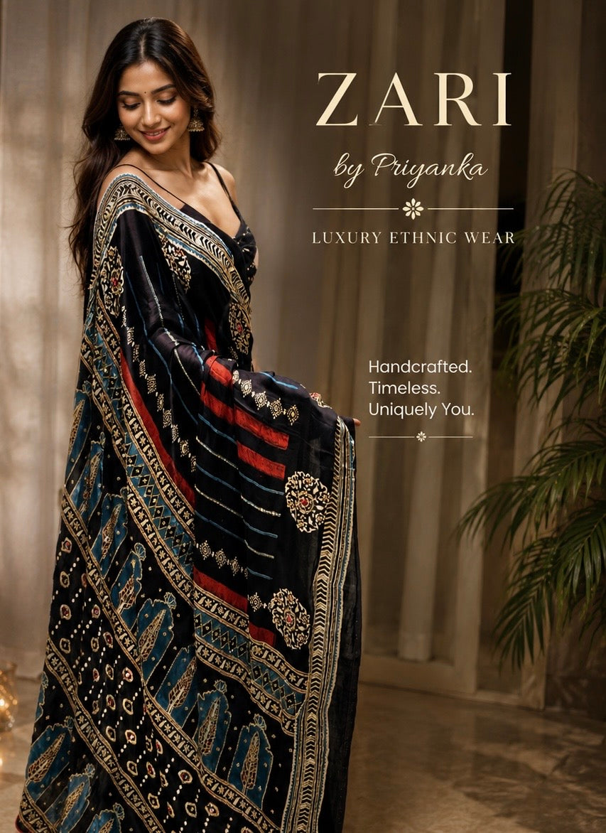 Mirra | Designer Handcrafted Ajrakh Saree [Ready to Dispatch]