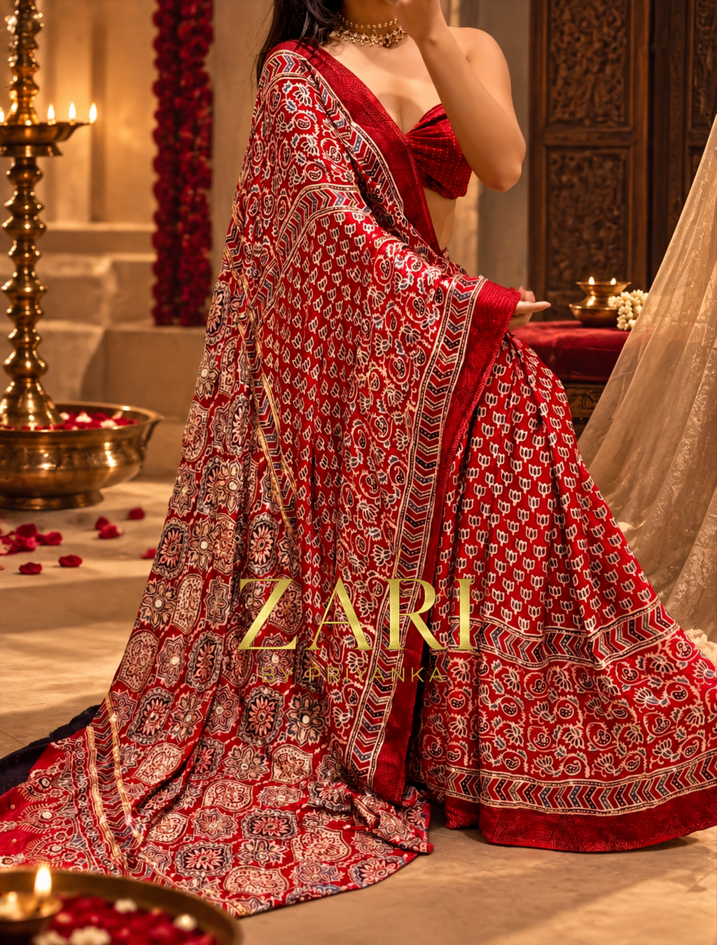 Nethra | Madder Red Handcrafted Ajrakh Couture Saree [Ready to dispatch]