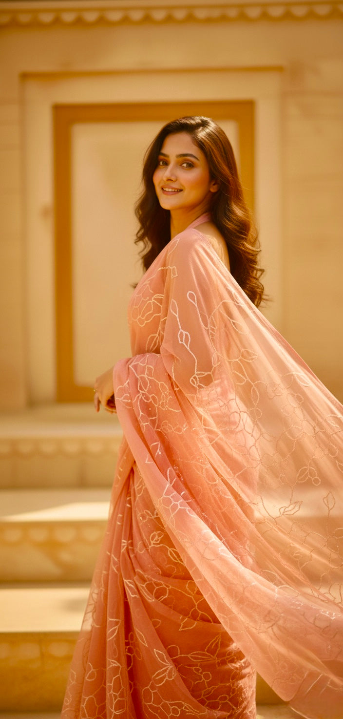 Peach - Monotone Sequin Handwork Pure Chiffon Saree
