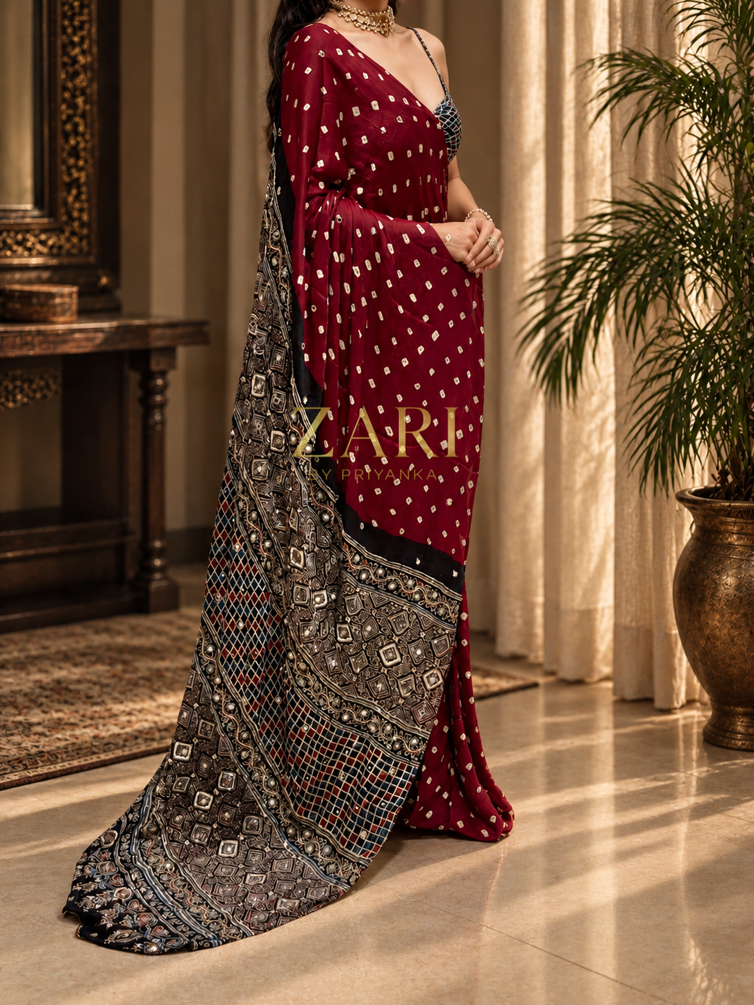 SIMA | Handcrafted Ajrakh Bandhej Couture Saree