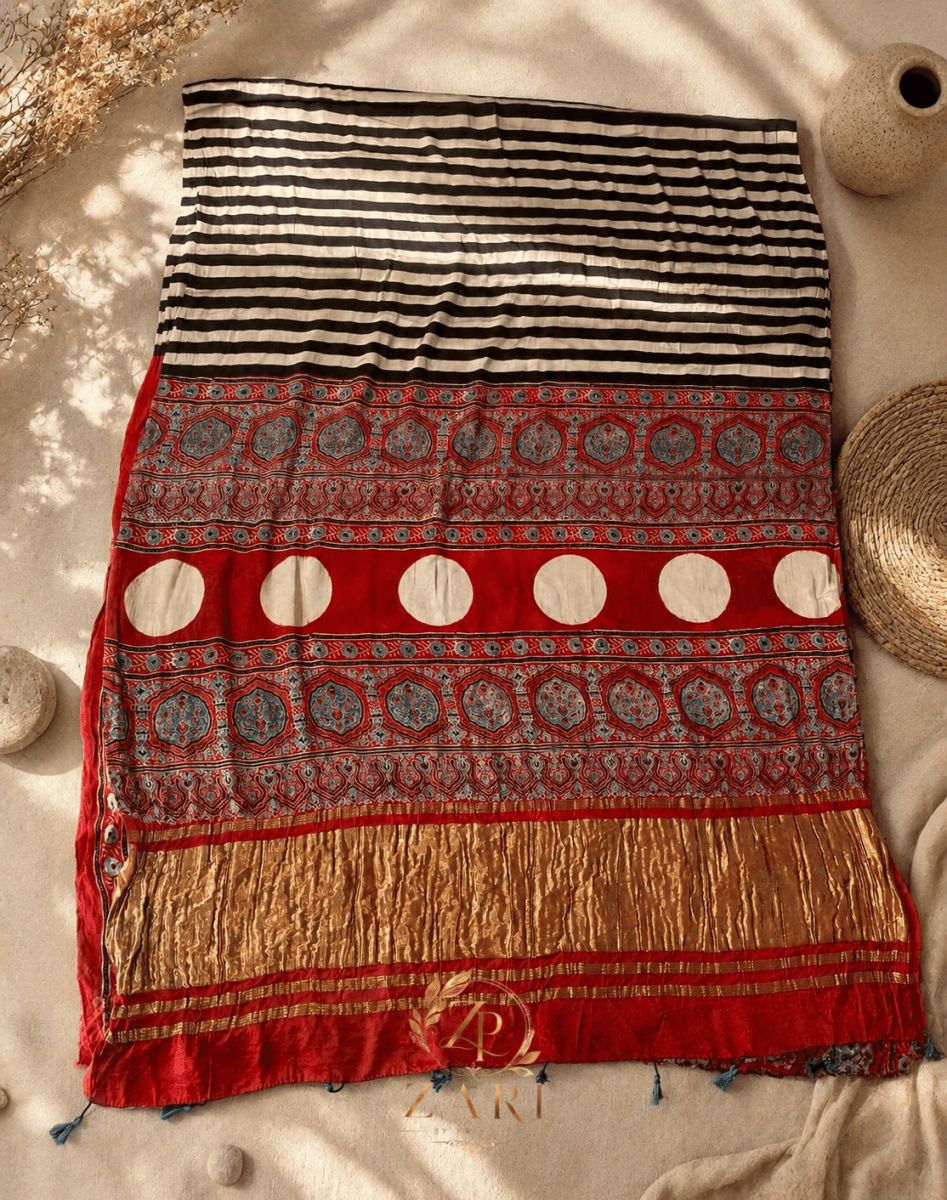 Mehr - Pure Modal Silk Ajrakh Hand Block Printed Saree - Zari by Priyanka