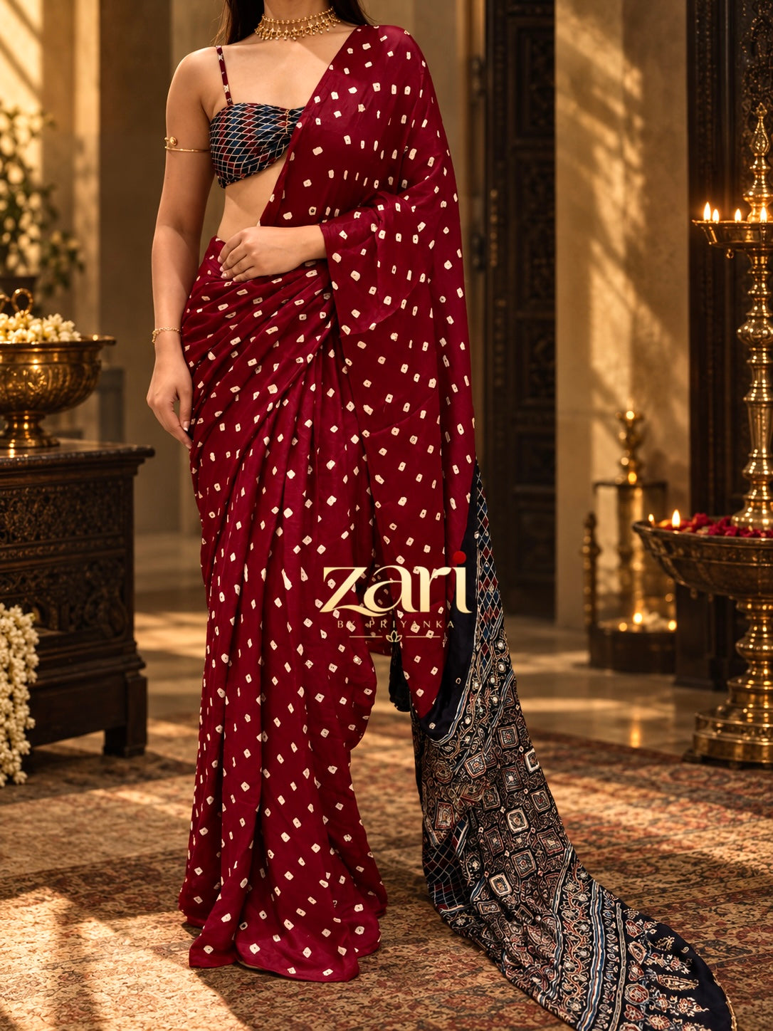 SIMA | Handcrafted Ajrakh Bandhej Couture Saree