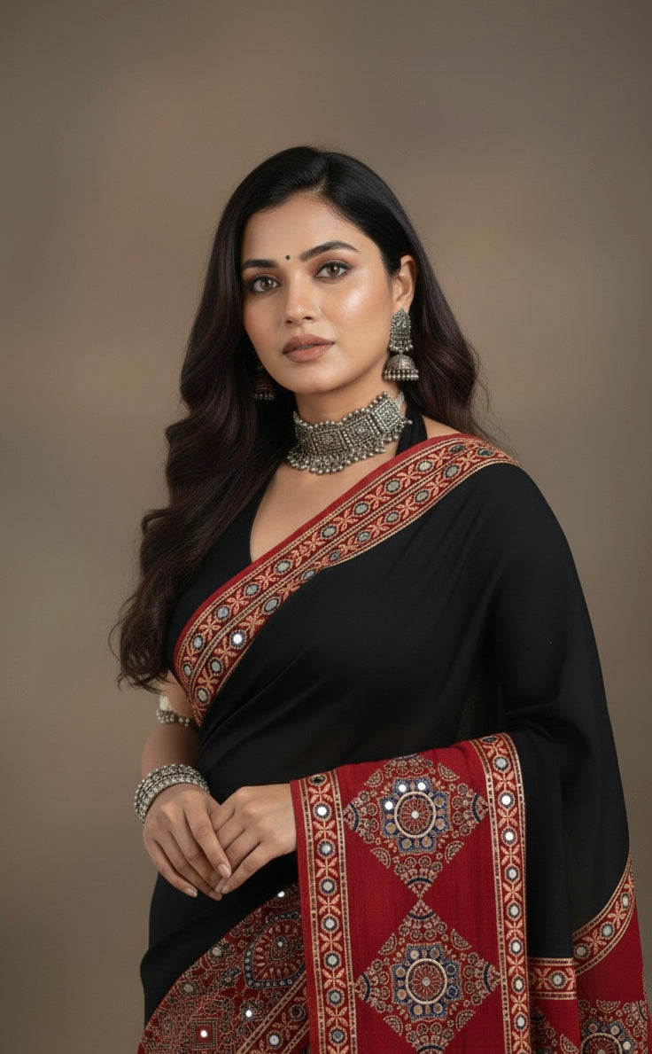 Trisha - Pure Modal Silk Ajrakh Mirror work saree