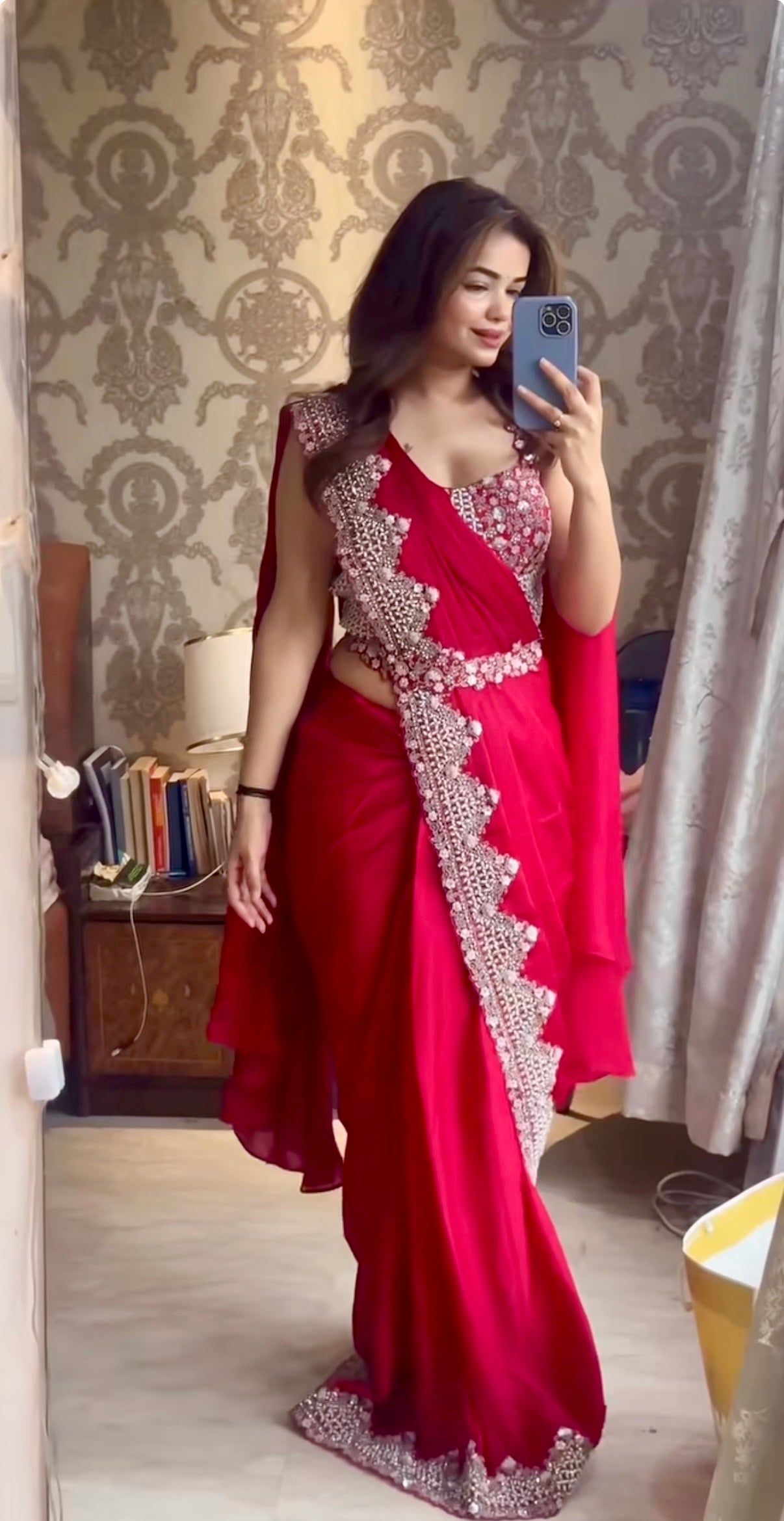 Avantika - Ready-to-Wear Crepe Saree with Adorned Pearl Embellishment