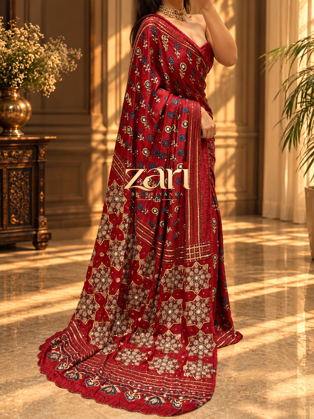 GULAM | Handcrafted Ajrakh Couture Saree with Heavy Handwork [Ready to Dispatch]