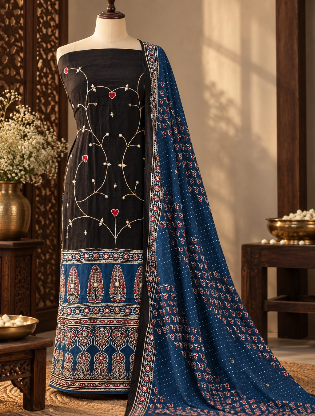 DRITI | Ajrakh Modal Silk Suit With Hand Embroidery