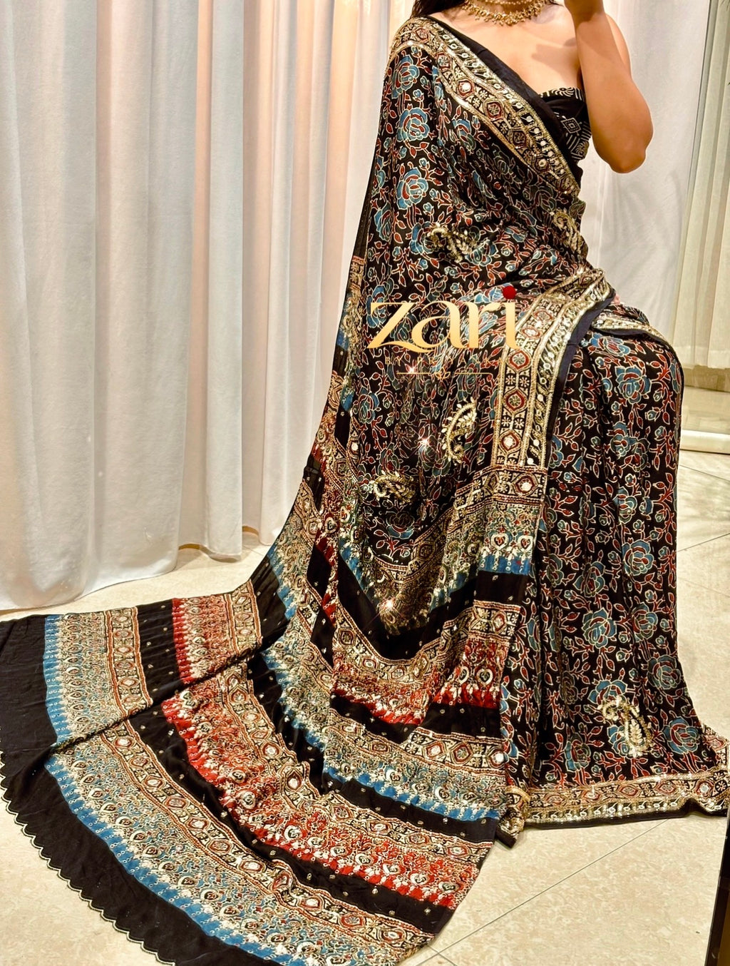Torani | Handcrafted Ajrakh Couture Saree [Ready to dispatch]