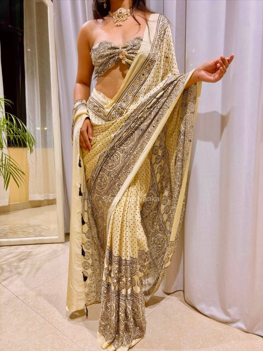 Vamika | Designer Handcrafted Ajrakh Saree - Zari by Priyanka