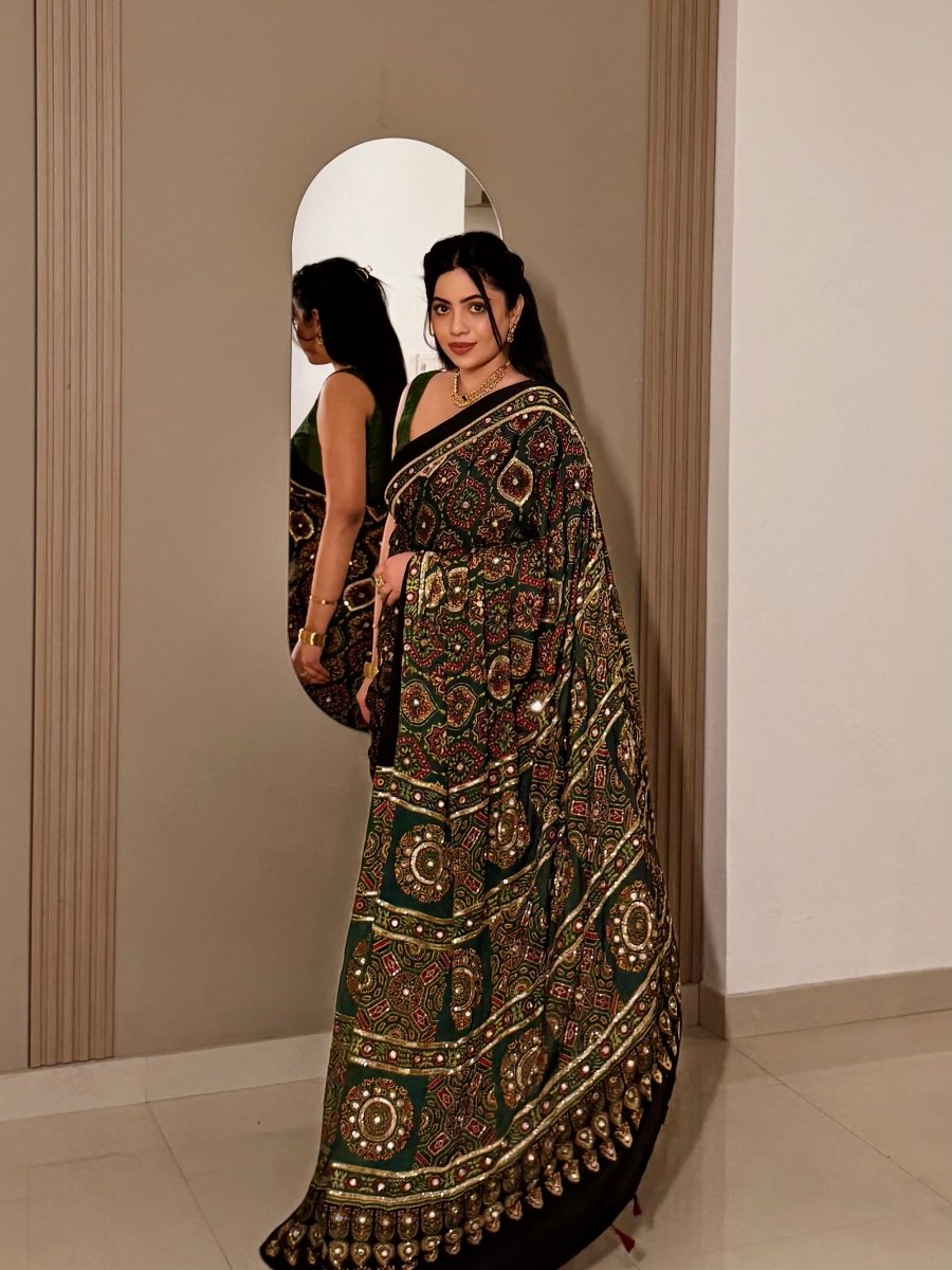Sravti | Designer Handcrafted Ajrakh Saree - Zari by Priyanka