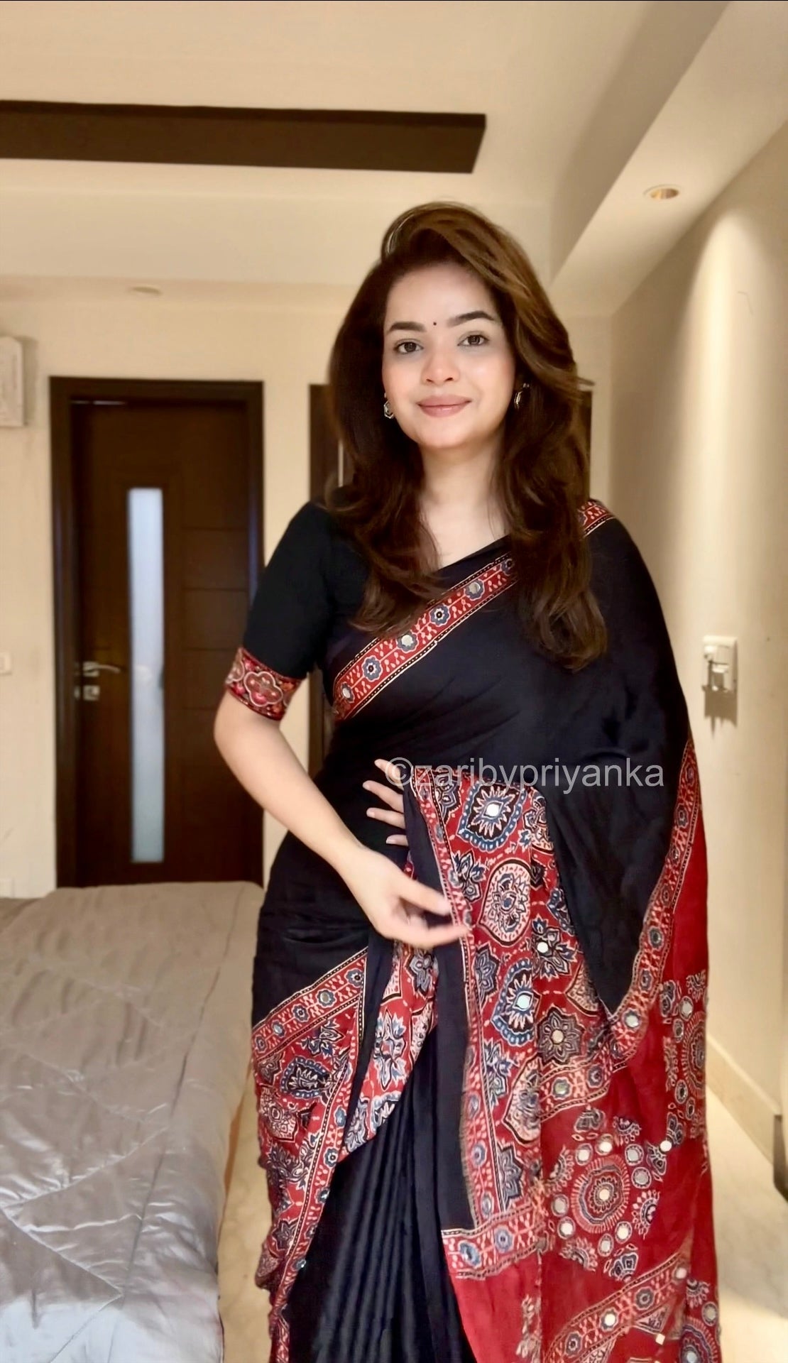 Trisha - Pure Modal Silk Ajrakh Mirror work saree