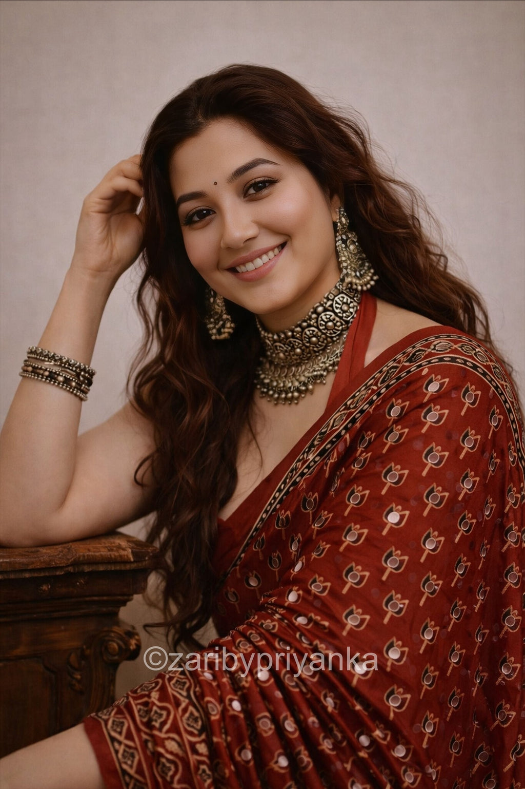 Tulsi -  Designer Pure Modal Ajrakh Mirror saree