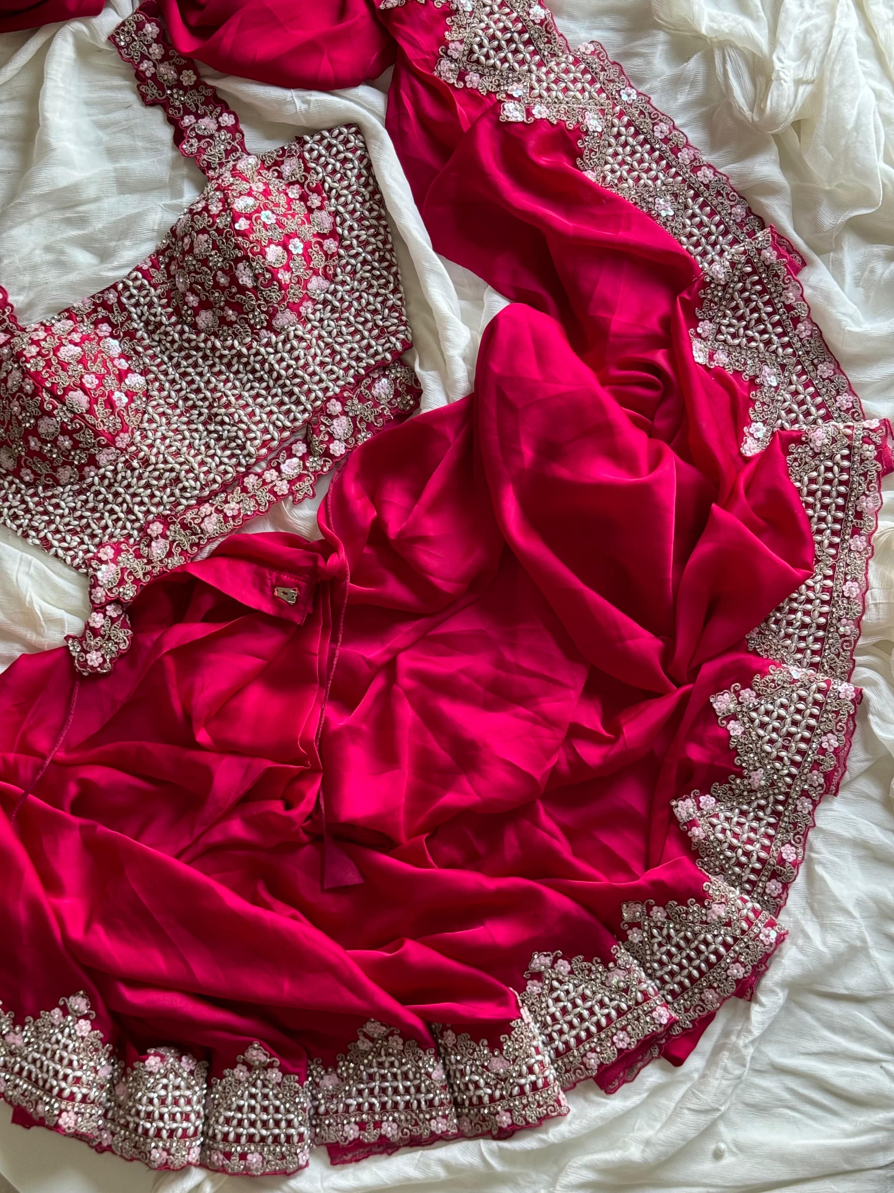 Avantika - Ready-to-Wear Crepe Saree with Adorned Pearl Embellishment