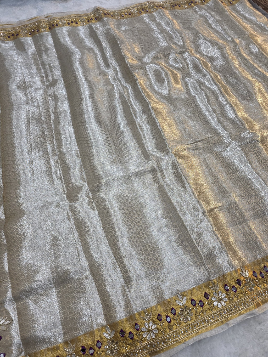 Sawan - Pure Gold Silver Tissue Brocade Saree with Handwork