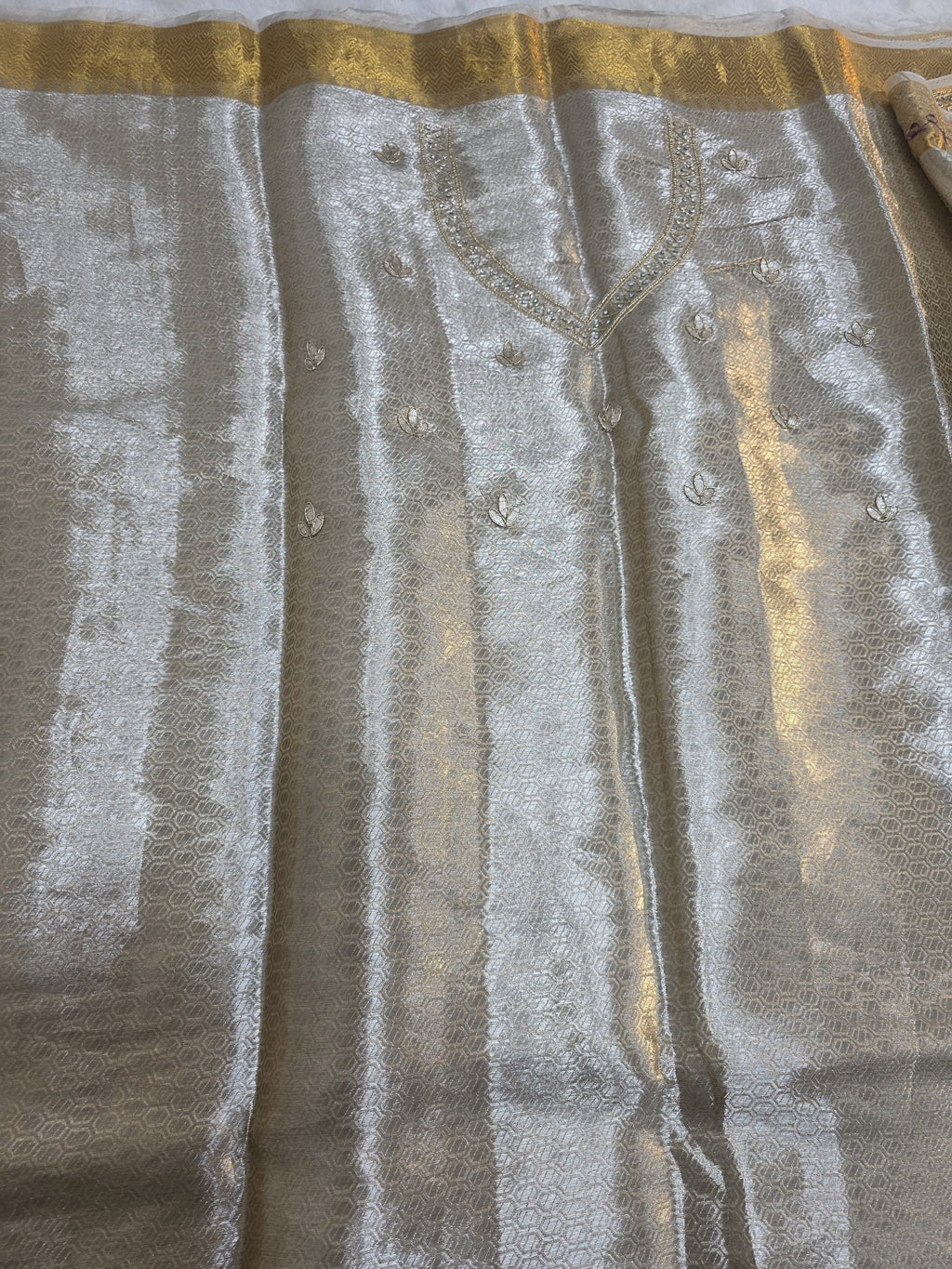 Sawan - Pure Gold Silver Tissue Brocade Saree with Handwork