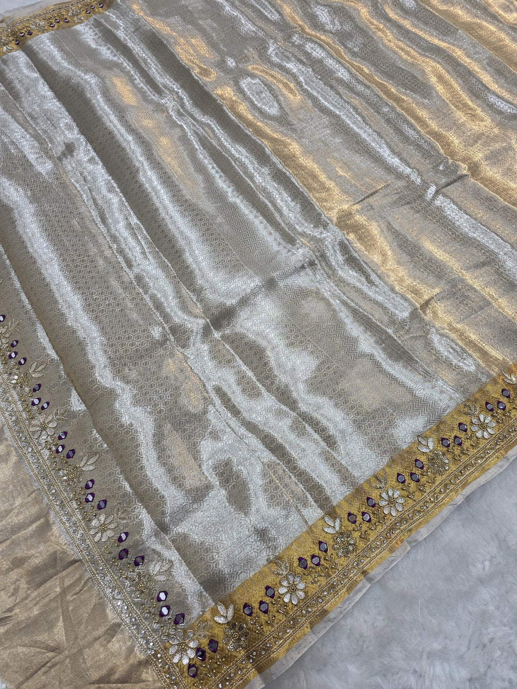 Sawan - Pure Gold Silver Tissue Brocade Saree with Handwork
