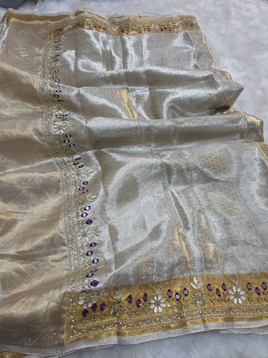 Sawan - Pure Gold Silver Tissue Brocade Saree with Handwork