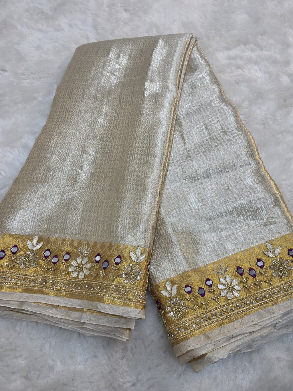 Sawan - Pure Gold Silver Tissue Brocade Saree with Handwork
