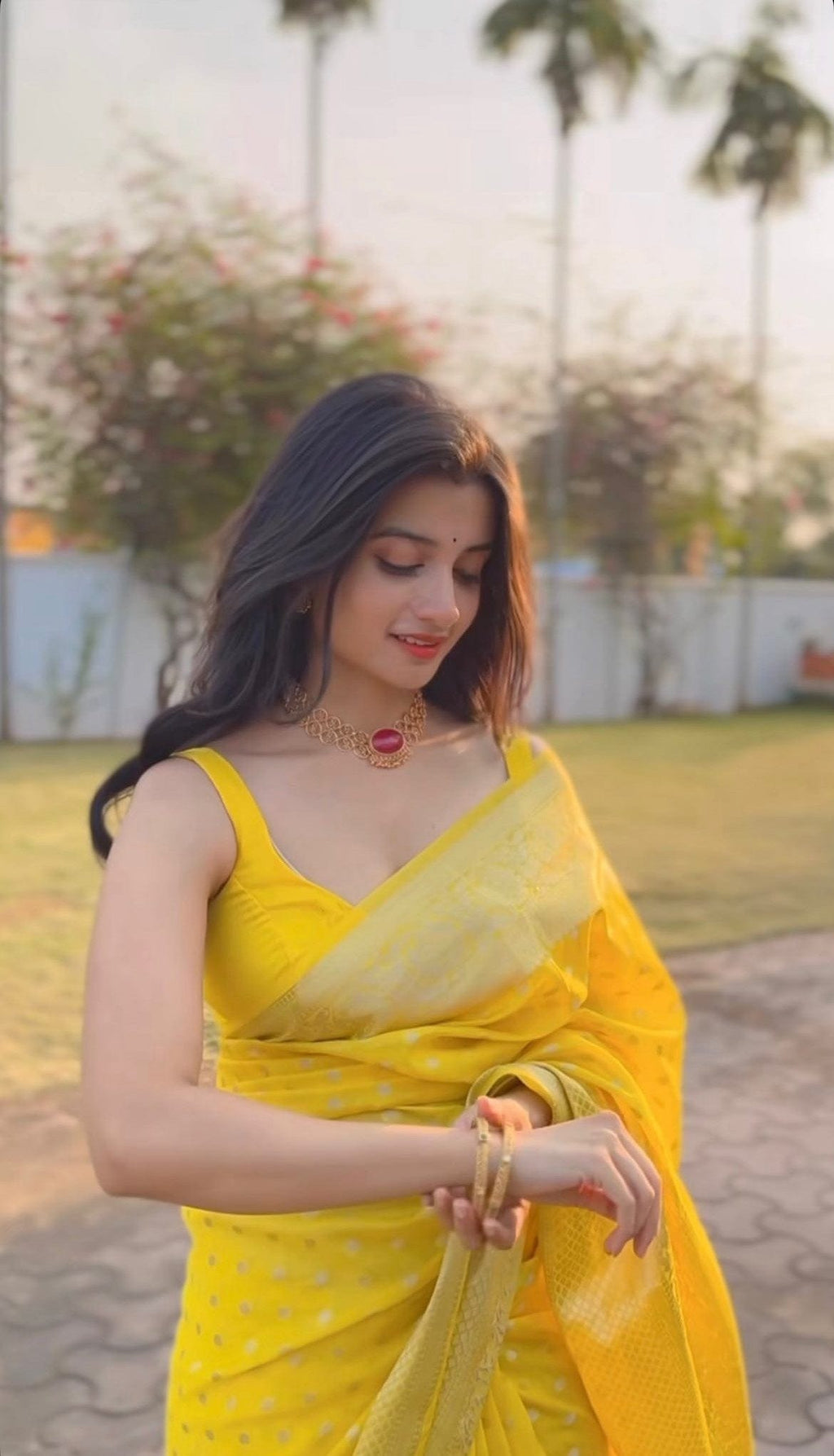 Neha Semi Banarasi Saree – Sunshine Yellow with Blouse Piece