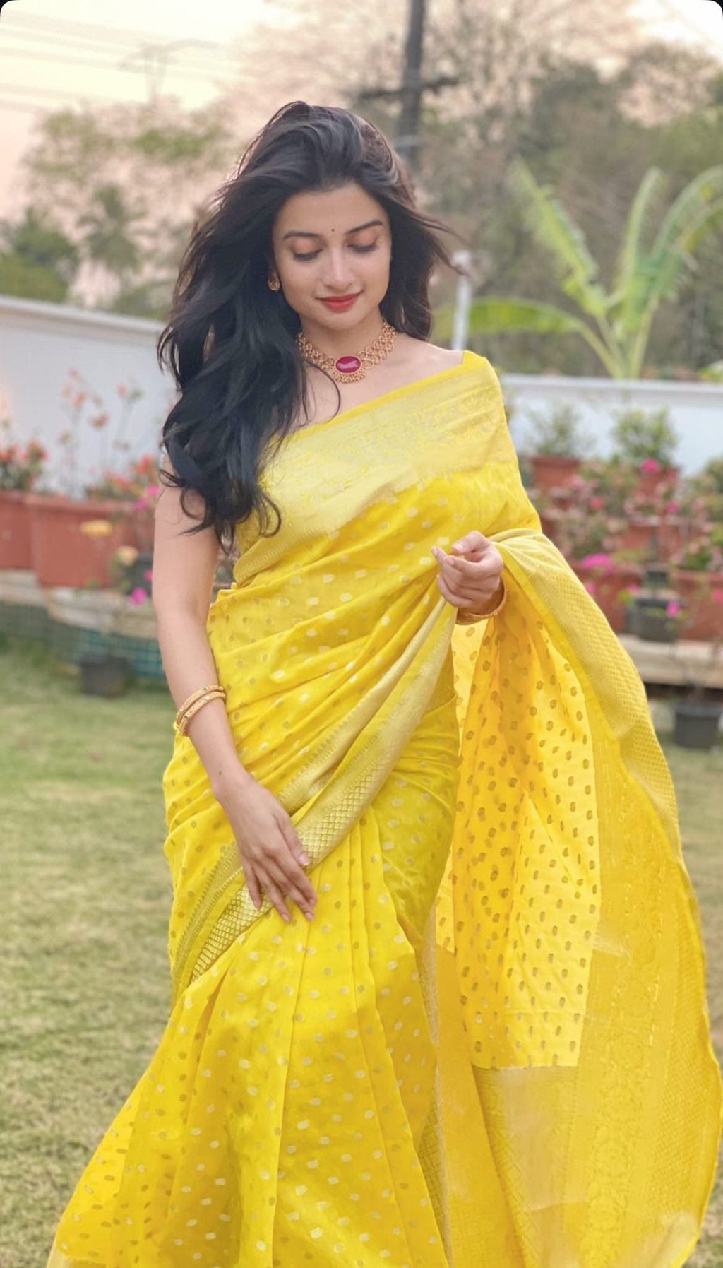Neha Semi Banarasi Saree – Sunshine Yellow with Blouse Piece