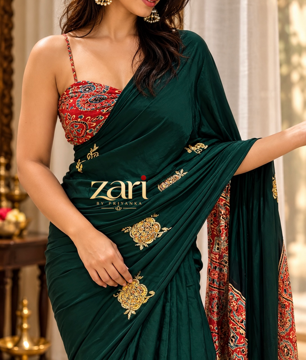 Pashmina | Handcrafted Ajrakh Couture Saree [Pre order]