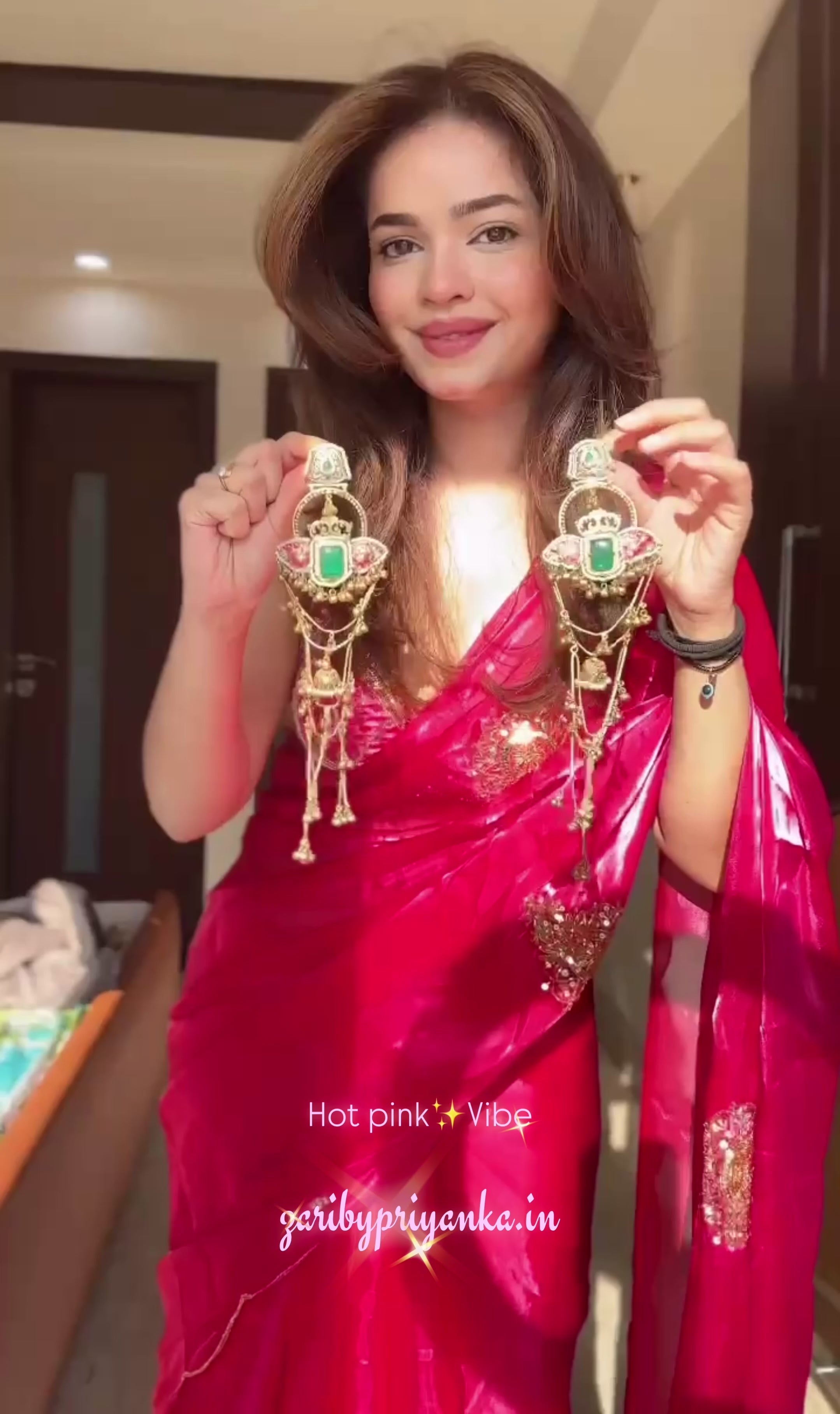 Neha 1 - Hot Pink Hand-Embellished Tissue Crepe Silk Saree