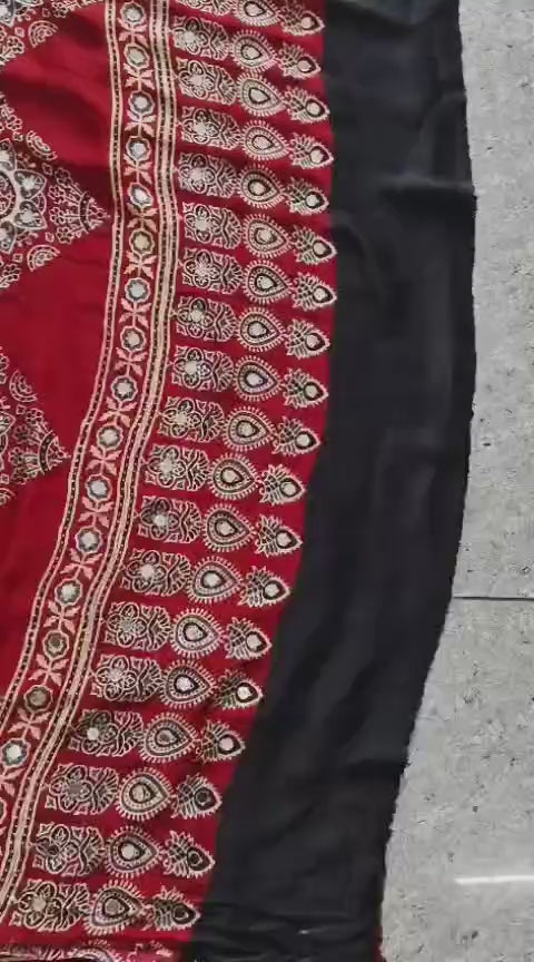 Trisha - Pure Modal Silk Ajrakh Mirror work saree